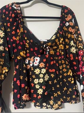 Patrons of Peace Black Floral Peplum Blouse with Yellow, Pink & Orange Flowers